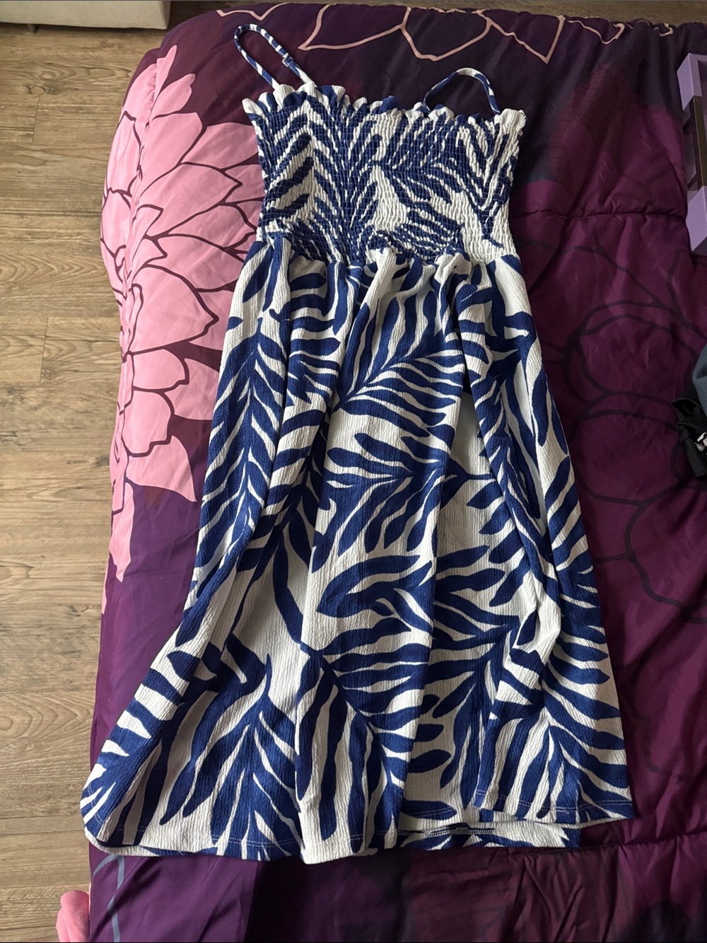 H&M Blue and White Smocked Midi Dress